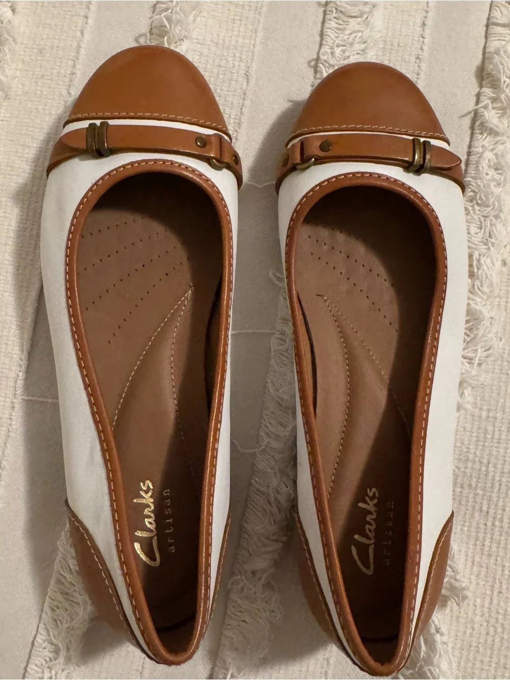Clarks Two-Tone Brown and White Leather Ballet Flats